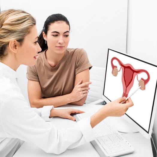 ©istock.com/Artemenko_Daria Ein Arzt zeigt auf ein Diagramm des weiblichen Fortpflanzungssystems auf einem Computerbildschirm, während er einer Patientin, die neben ihm in einer Arztpraxis sitzt, etwas erklärt.